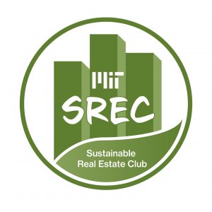 three green buildings inside green ring border with text: MIT SREC and Sustainable Real Estate Club