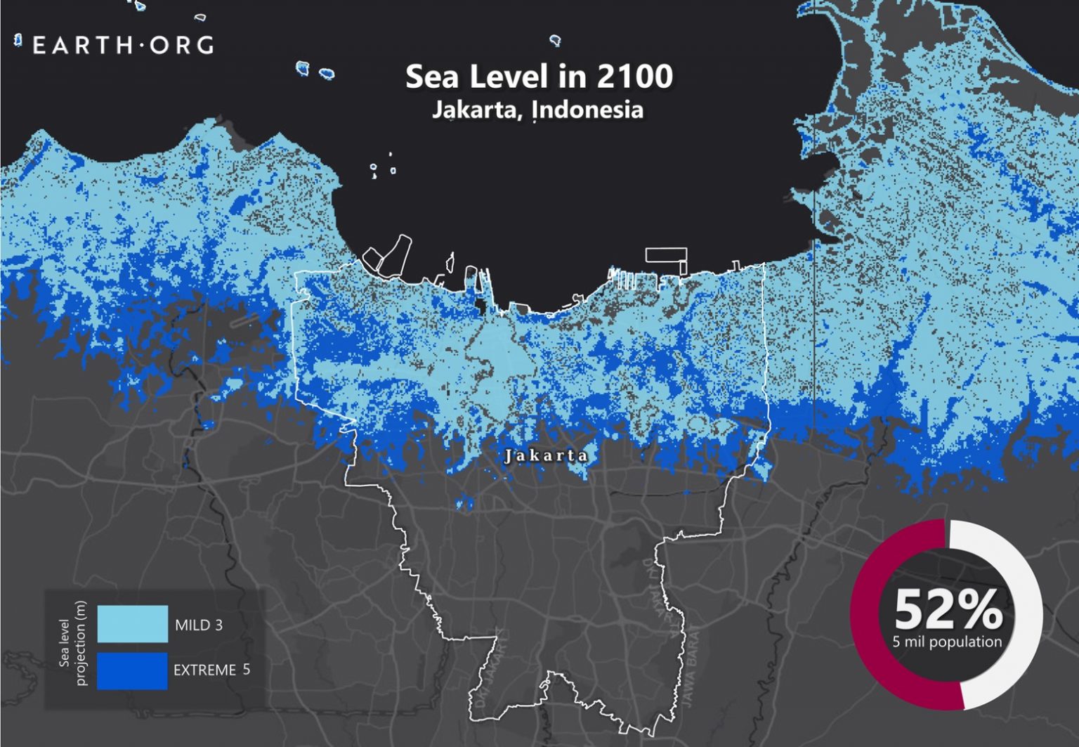 map of Jakarta, Indonesia showing land taken by the sea if sea levels rise to mild or extreme predicted future levels.