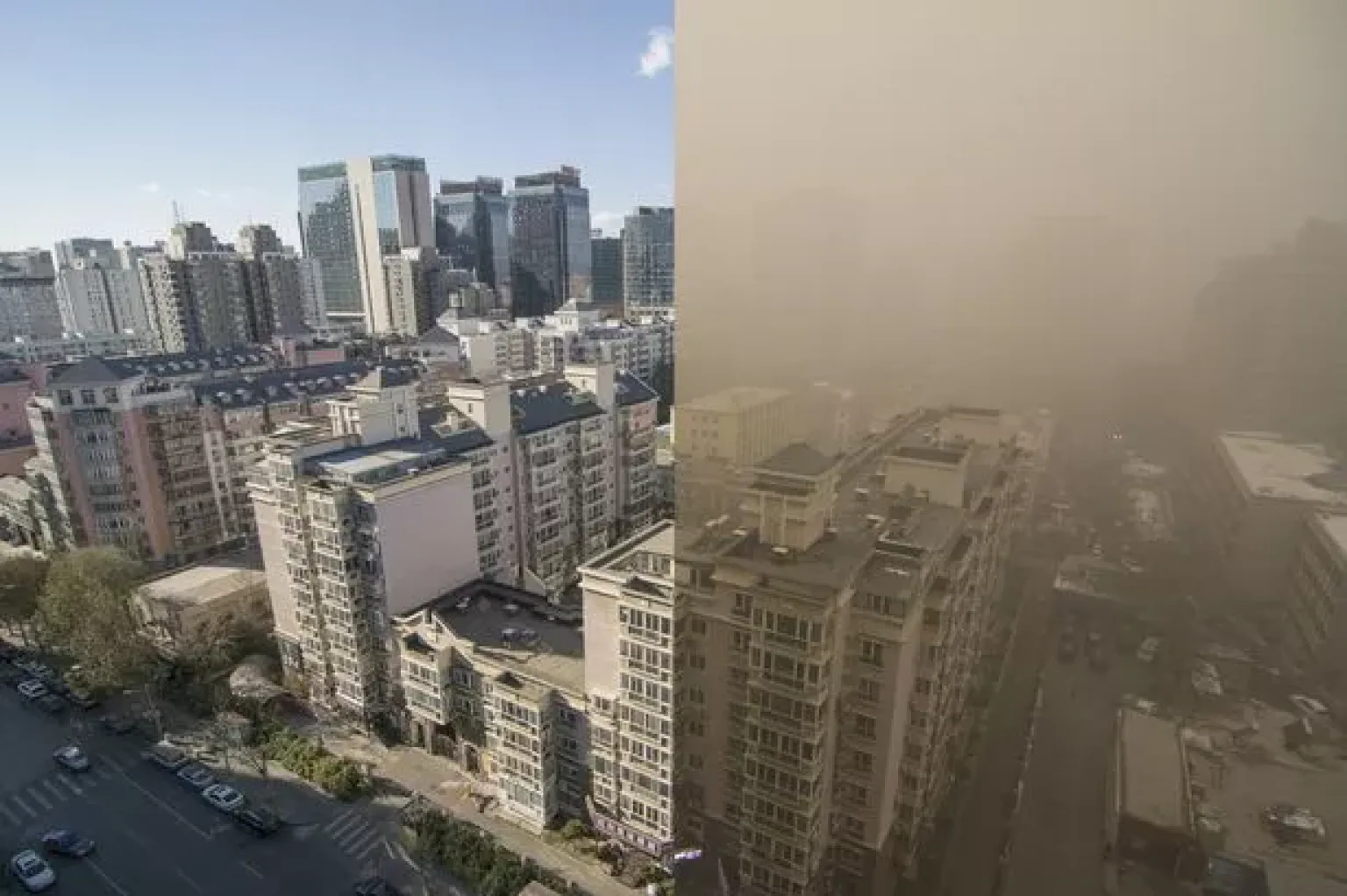 Beijing housing complex in clear blue sky and clean air vs. same Beijing housing complex in heavy pollution obscuring all buildings in brown smog